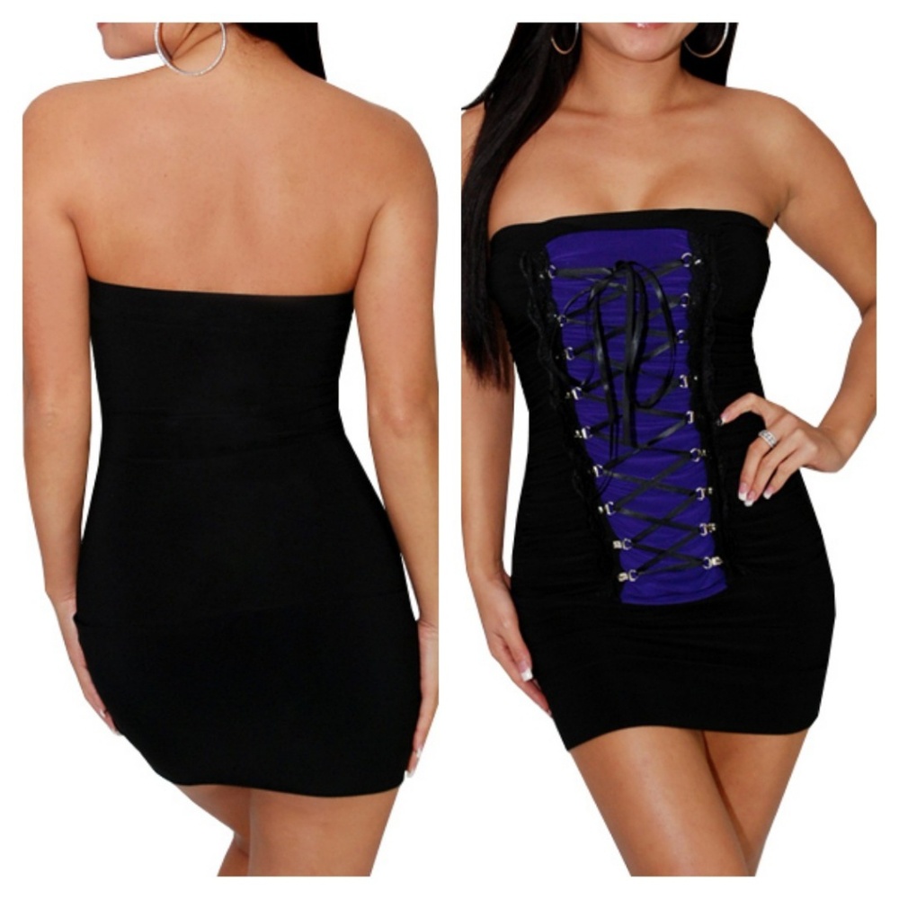 Purple Lace Up Strapless Clubwear Dress